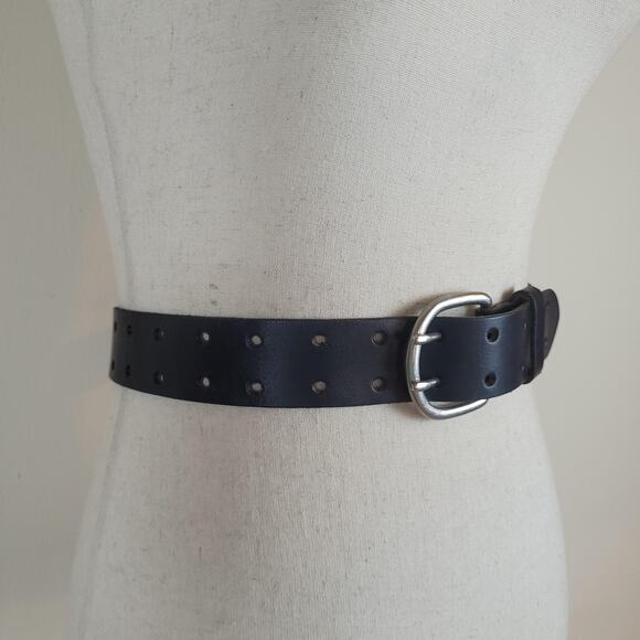 Black Leather Belt Medium Double Prong Buckle Industrial Utility Punk Goth main image 4